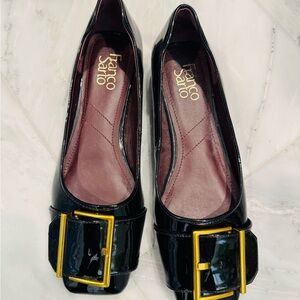Franco Sarto Glossy Black Flats with Gold Buckle